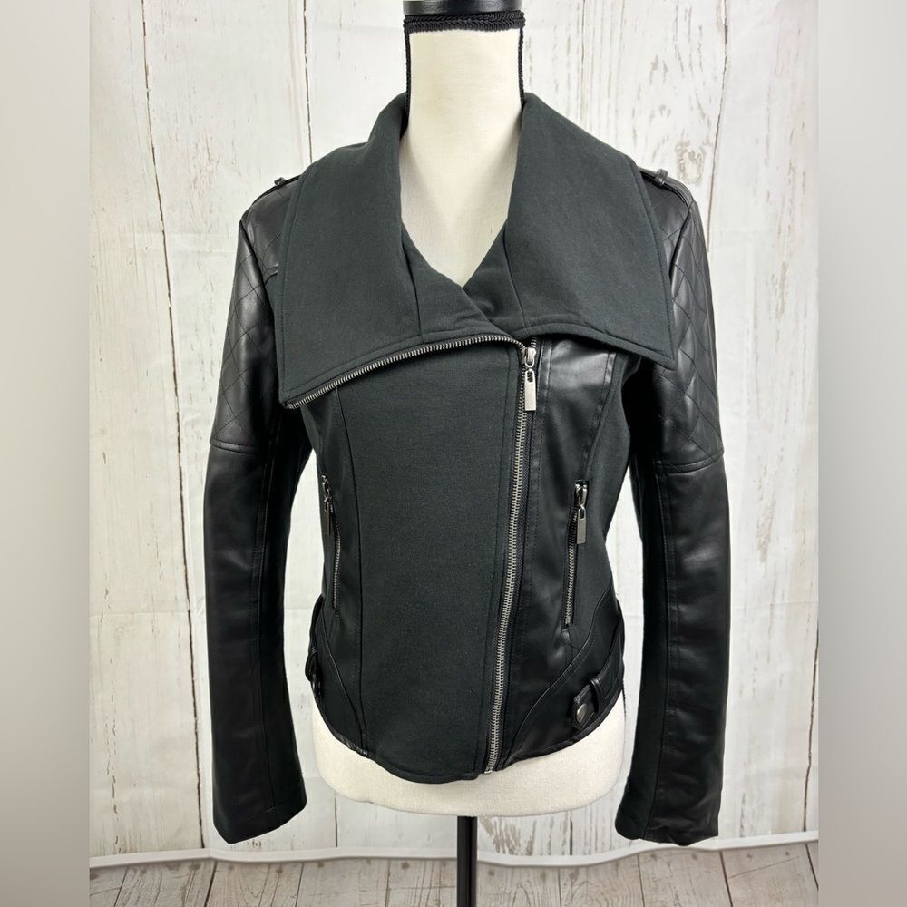 Ollie & Lala Mixed Fabric & Faux Leather Moto Jacket Black - Picture 4 of 12